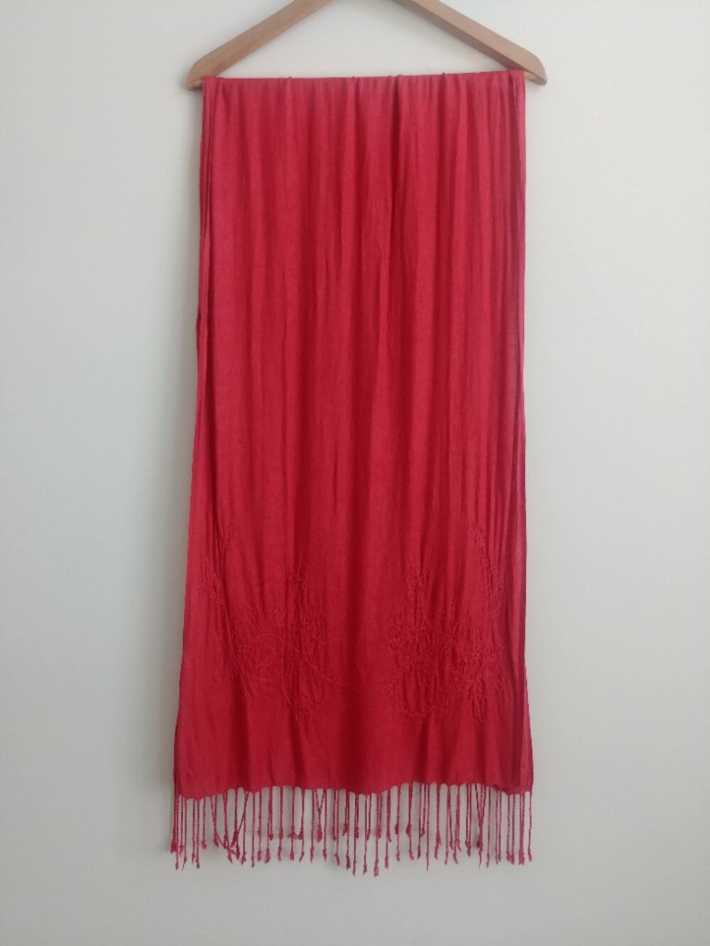 Reddish dark coral pink soft embroidered rectangle scarf with fringe tassels